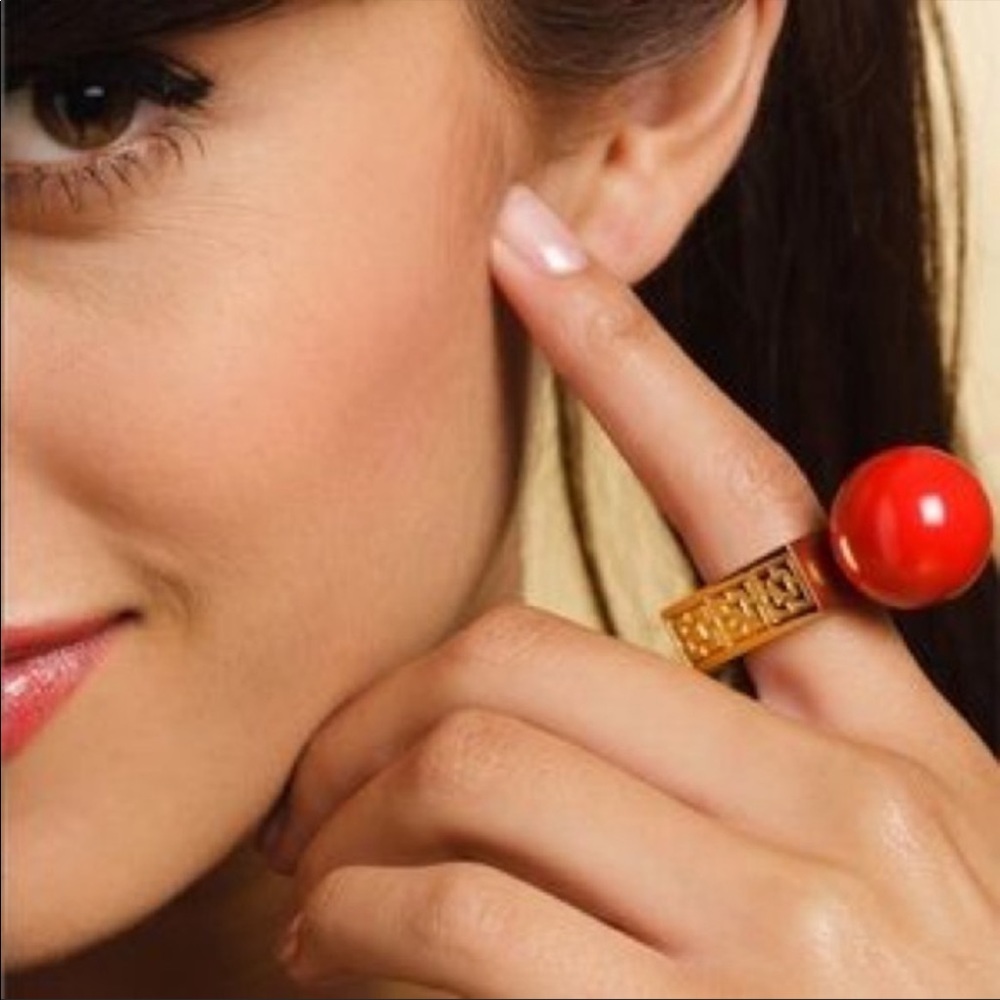 Trina Turk red resin ball square statement ring